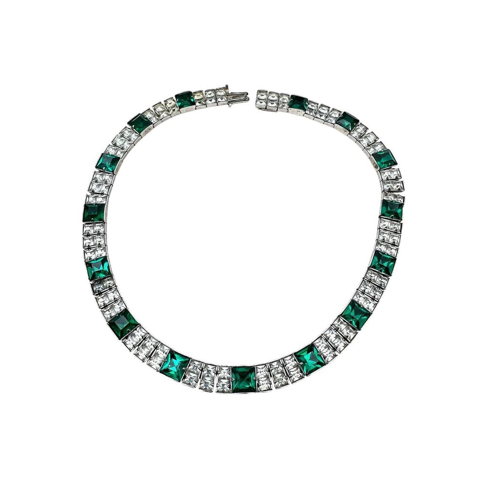 Vintage Art Deco Green Emerald & Clear Rhinestone Channel Set Collar Necklace